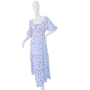 LoveShackFancy x Target Gemma Smocked Puff Sleeve Maxi Blue Lavender Dress MED